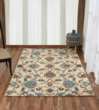 Traditional floral medallion rug in ivory, turquoise, and beige