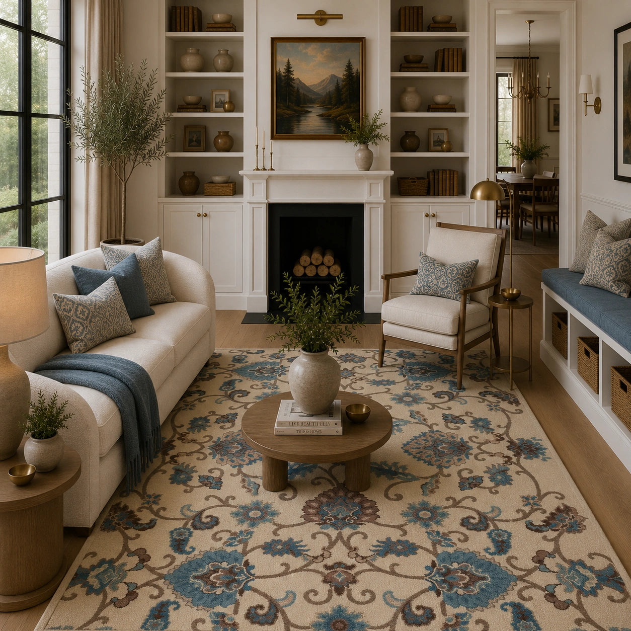 Ivory blue floral wool rug