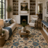 Ivory blue floral wool rug