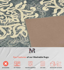 Machine washable rug with vintage faded pattern in neutral tones.