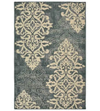 Ivory and charcoal vintage faded rug with intricate floral damask patterns elegant design