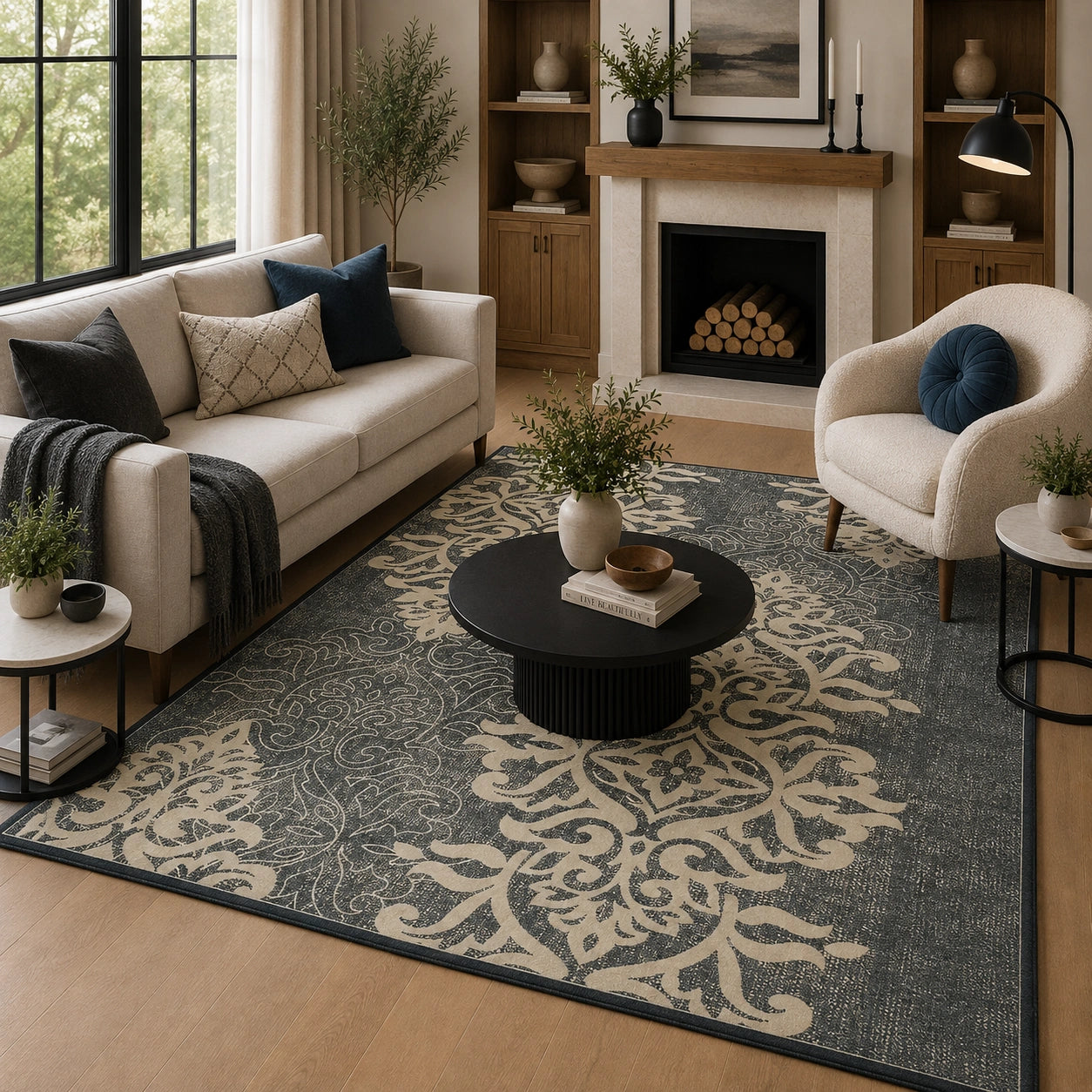 Ivory charcoal vintage rug