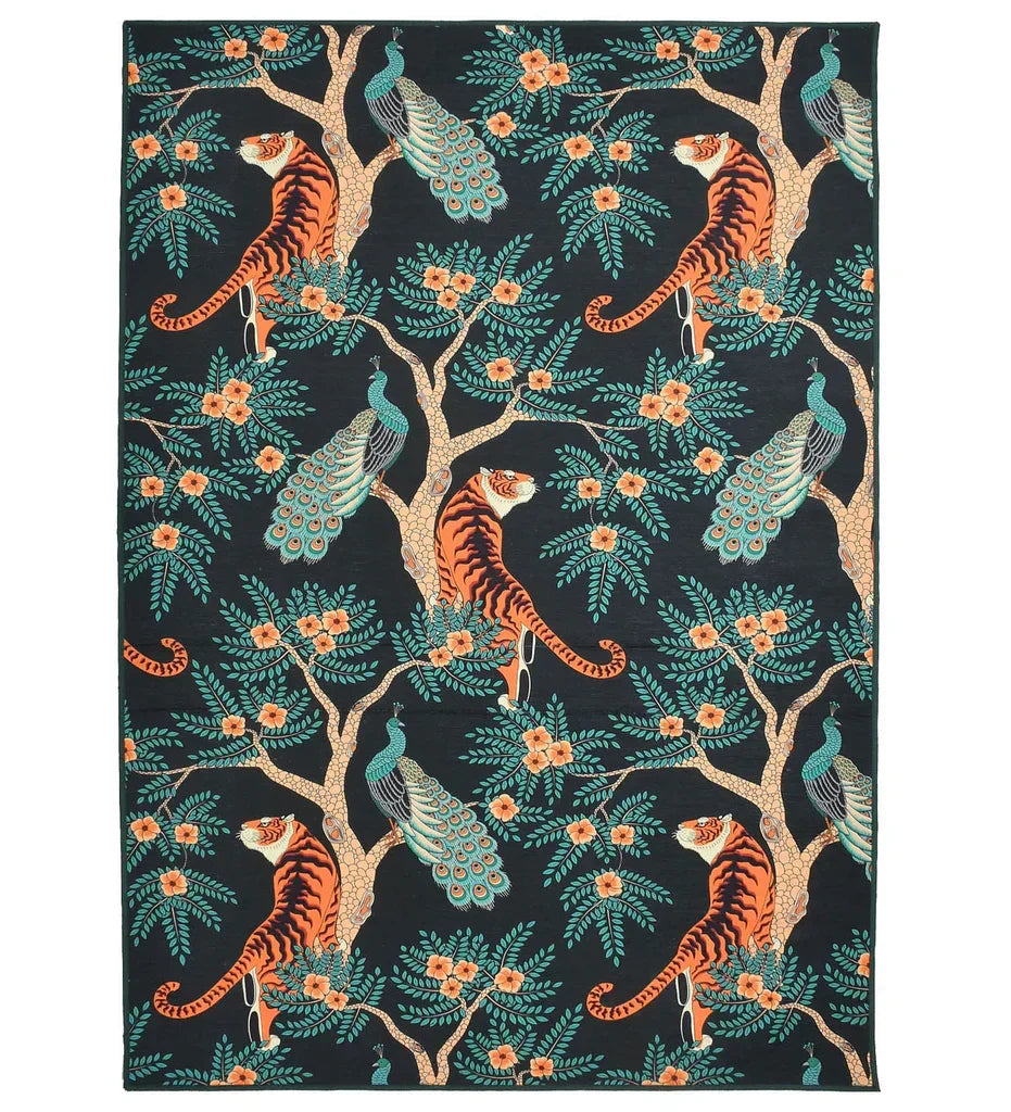 Jungle theme machine washable rug with tropical motifs.