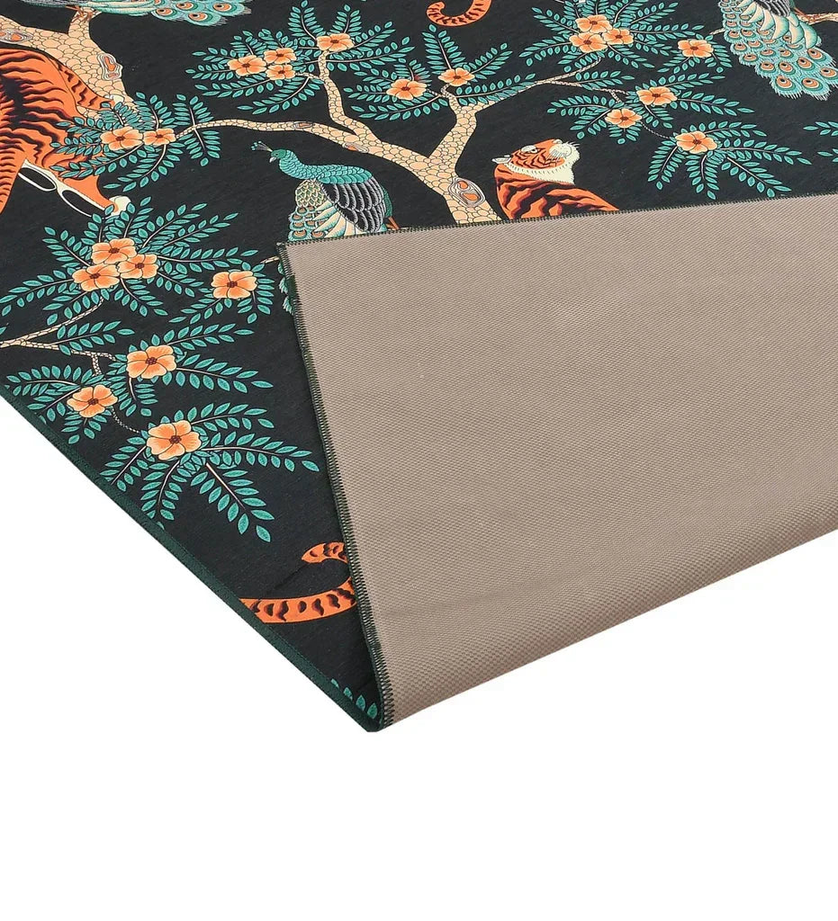Machine washable jungle print rug for bedrooms.