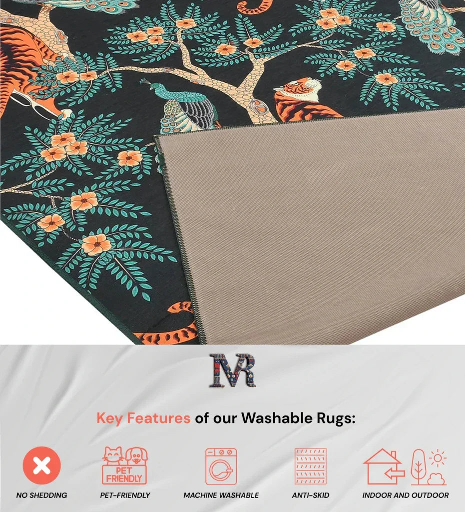 Soft and colorful jungle design rug for living spaces.