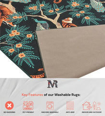 Soft and colorful jungle design rug for living spaces.