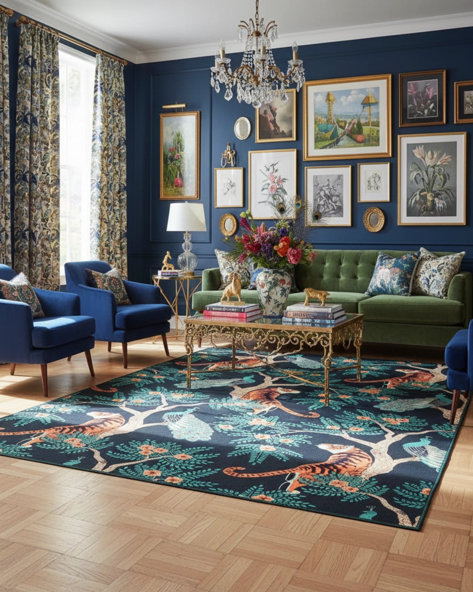 Jungle theme machine-washable area rug styled in a maximalist living room, featuring lush tropical patterns that add a bold, vibrant, and expressive decor accent