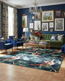 Jungle theme machine-washable area rug styled in a maximalist living room, featuring lush tropical patterns that add a bold, vibrant, and expressive decor accent