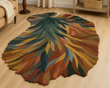 Handwoven leaf-shaped rug with multicolor autumn leaf pattern in cozy living room