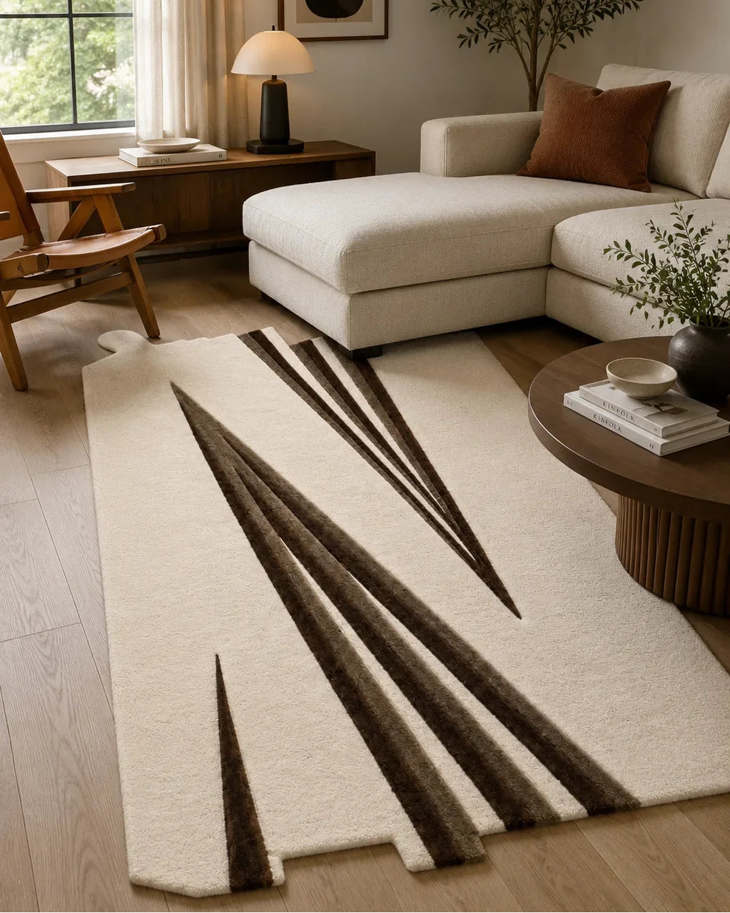 Living room with a beige sectional sofa, coffee table, and decorative rug.