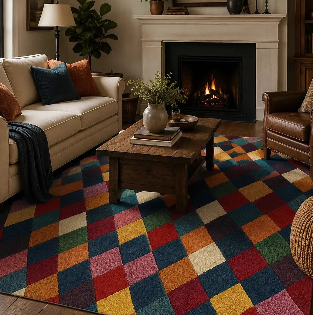 Living room with a colorful checkered rug, sofa, coffee table, and fireplace.
