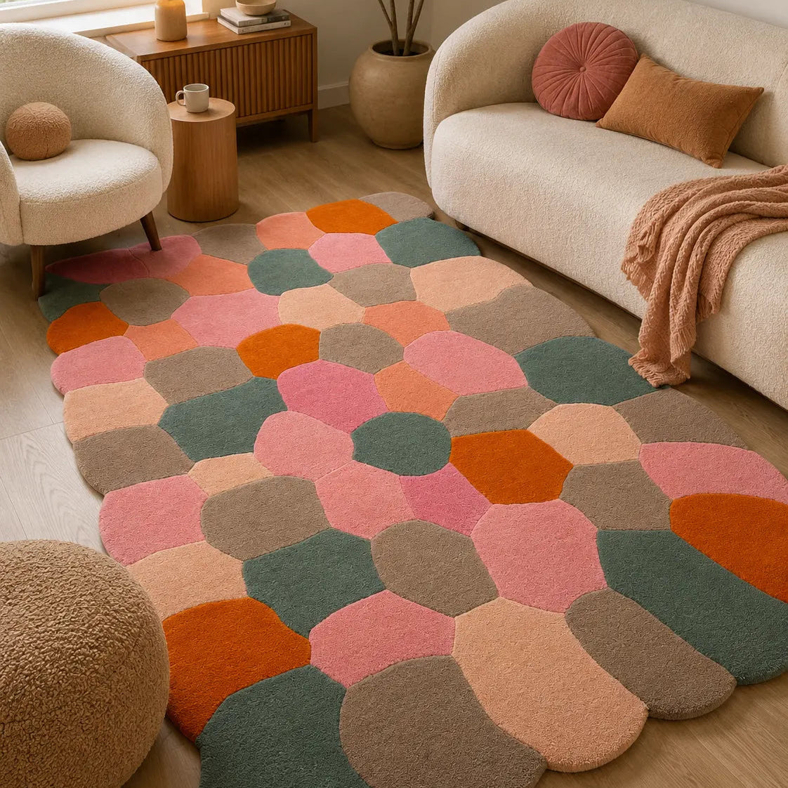 Living room with a colorful geometric rug, beige sofa, and decorative pillows.