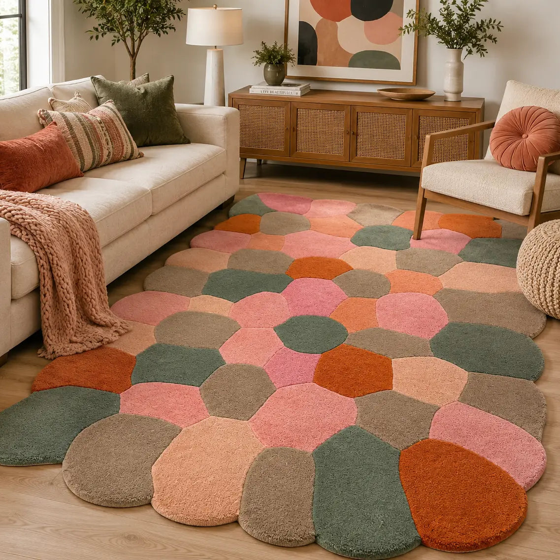 Living room with a colorful geometric rug, beige sofa, and wooden furniture.