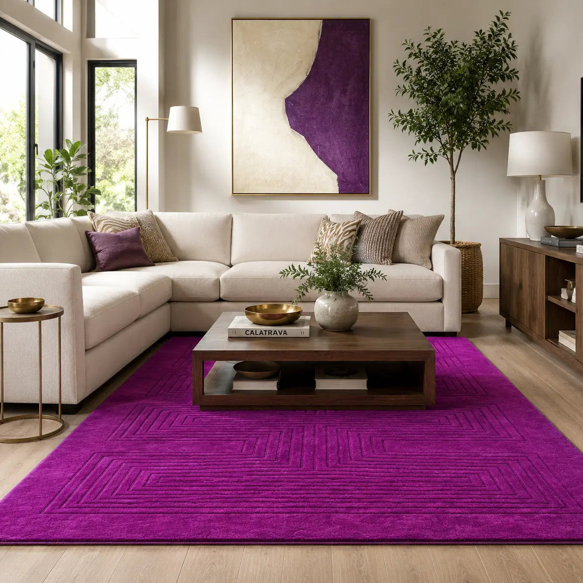 Living room with a purple rug, white sofa, and wooden coffee table.