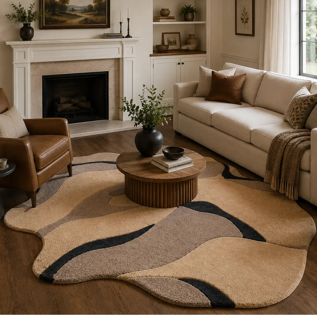 Living room with beige sofa, brown armchair, and abstract rug.


