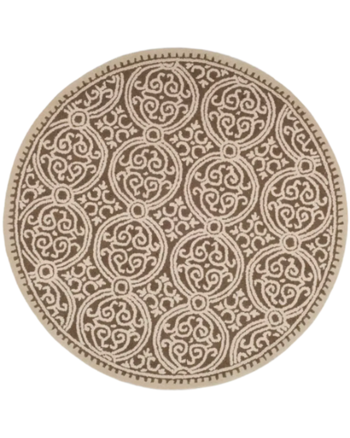 Beige and taupe round hand-tufted wool rug with medallion design.