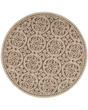 Beige and taupe round hand-tufted wool rug with medallion design.