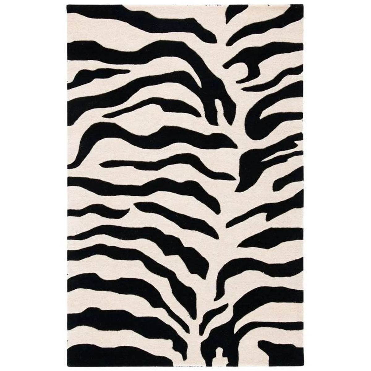 Black and ivory zebra print hand-tufted wool rug.