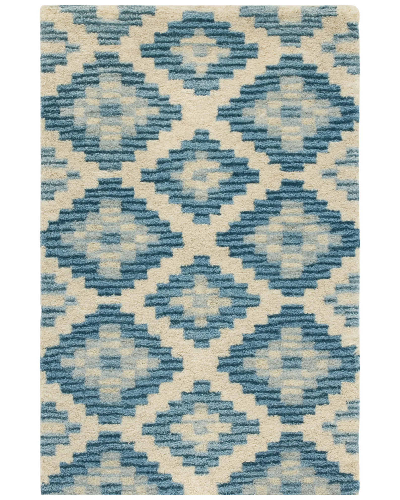 Blue and ivory diamond rug – hand-tufted wool geometric pattern.