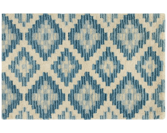 Luxury blue geometric diamond rug for modern interiors.