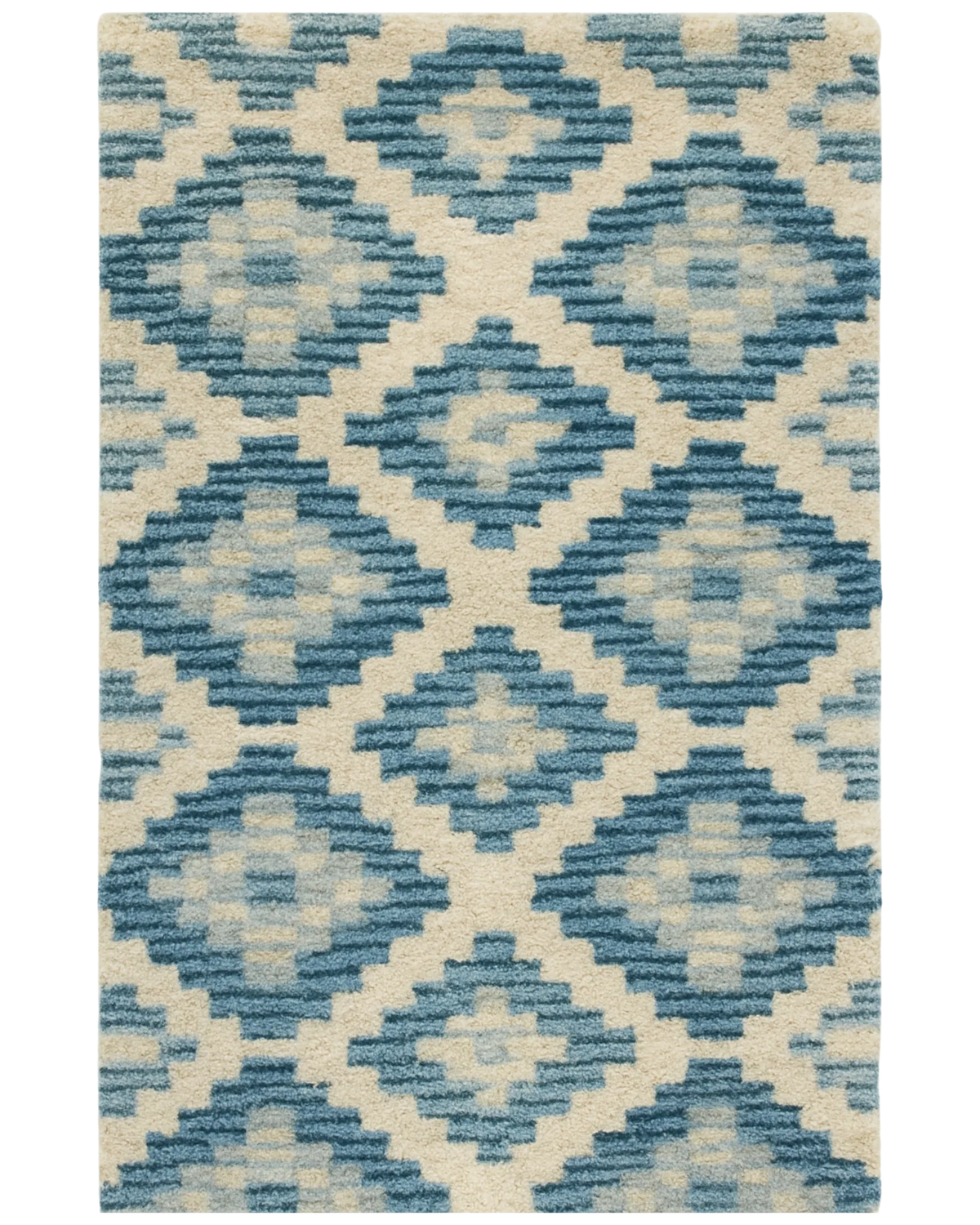 Blue and ivory diamond rug – hand-tufted wool geometric pattern.
