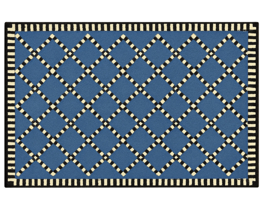 Geometric lattice diamond rug in blue and cream for modern decor.