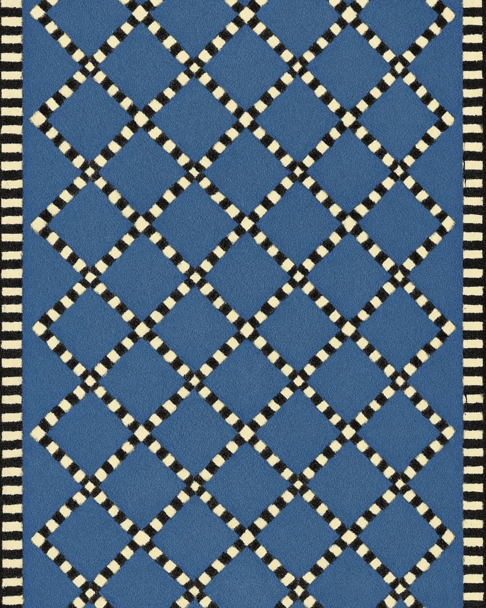 Blue lattice pattern diamond rug – handcrafted wool texture.