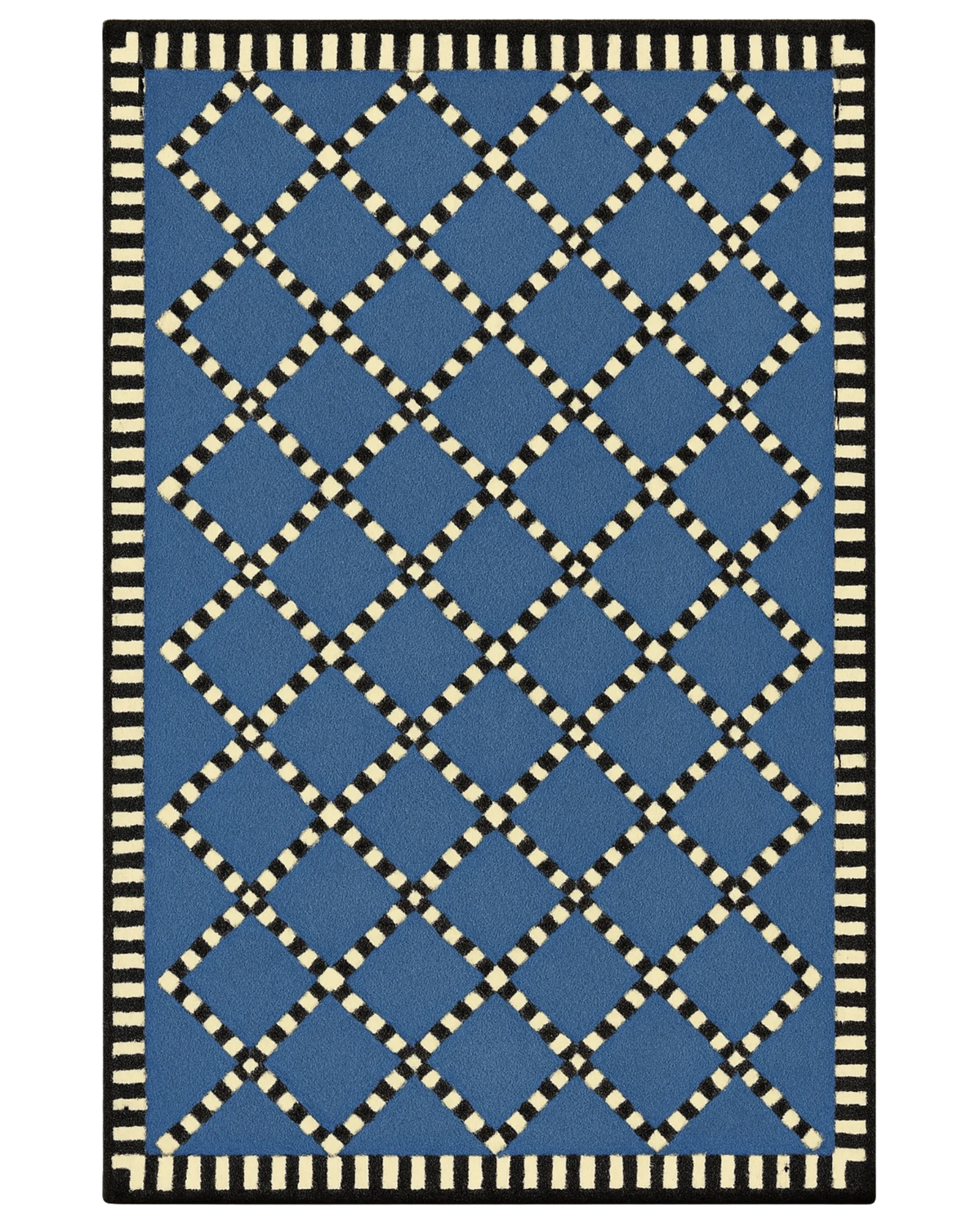 Blue and ivory diamond lattice rug – modern hand-tufted wool.