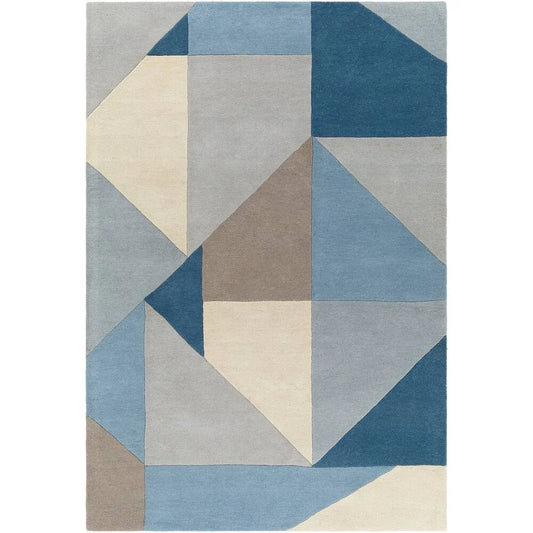 Luxury blue taupe and gray geometric hand-tufted wool rug.
