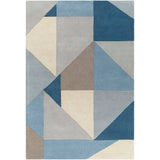 Luxury blue taupe and gray geometric hand-tufted wool rug.