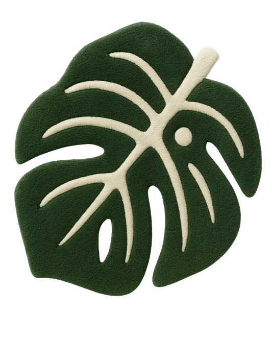 Tropical monstera leaf rug for living room decor in premium wool.