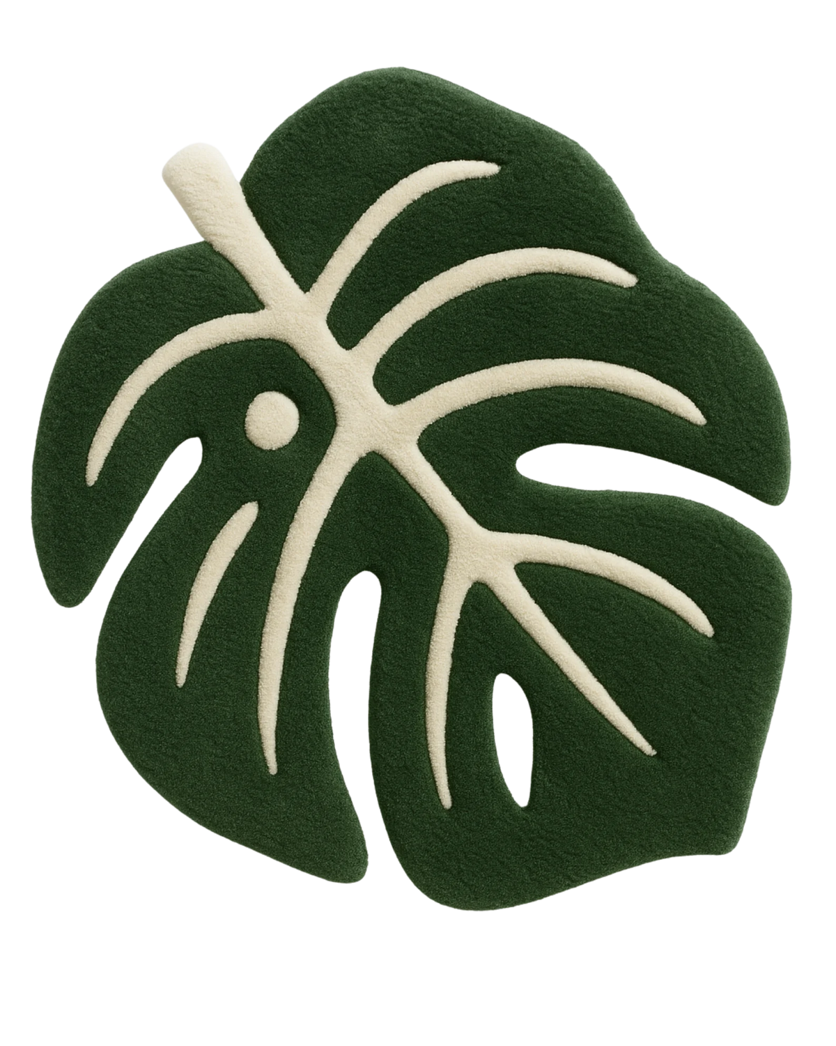 Luxury green and cream monstera leaf rug – hand-tufted wool design.