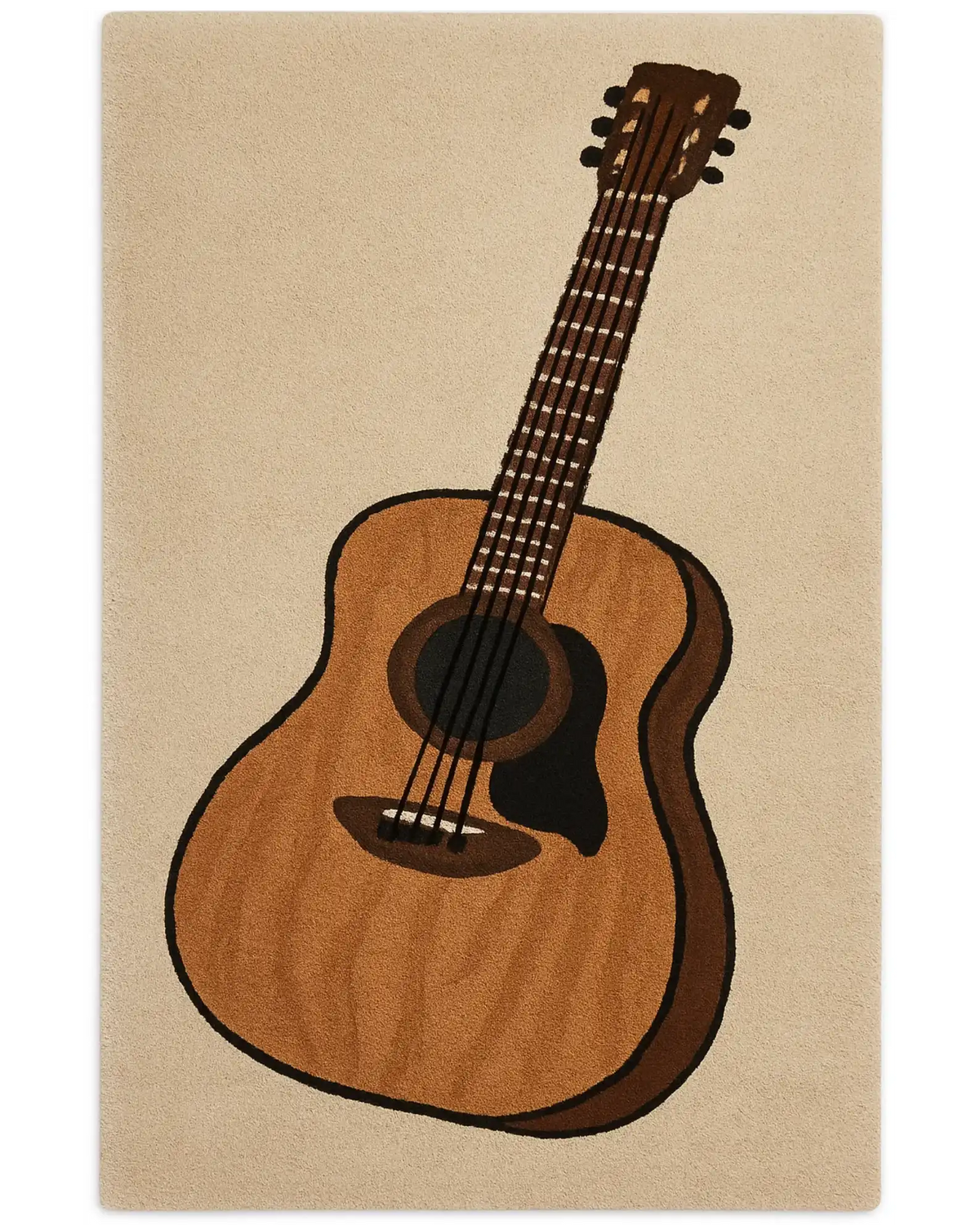 Hand-tufted acoustic guitar wool rug with beige background.