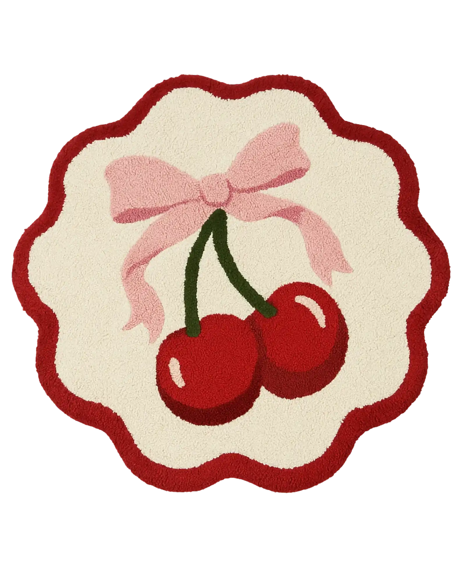 Round cherry bow hand-tufted wool rug with red border and pink ribbon design.