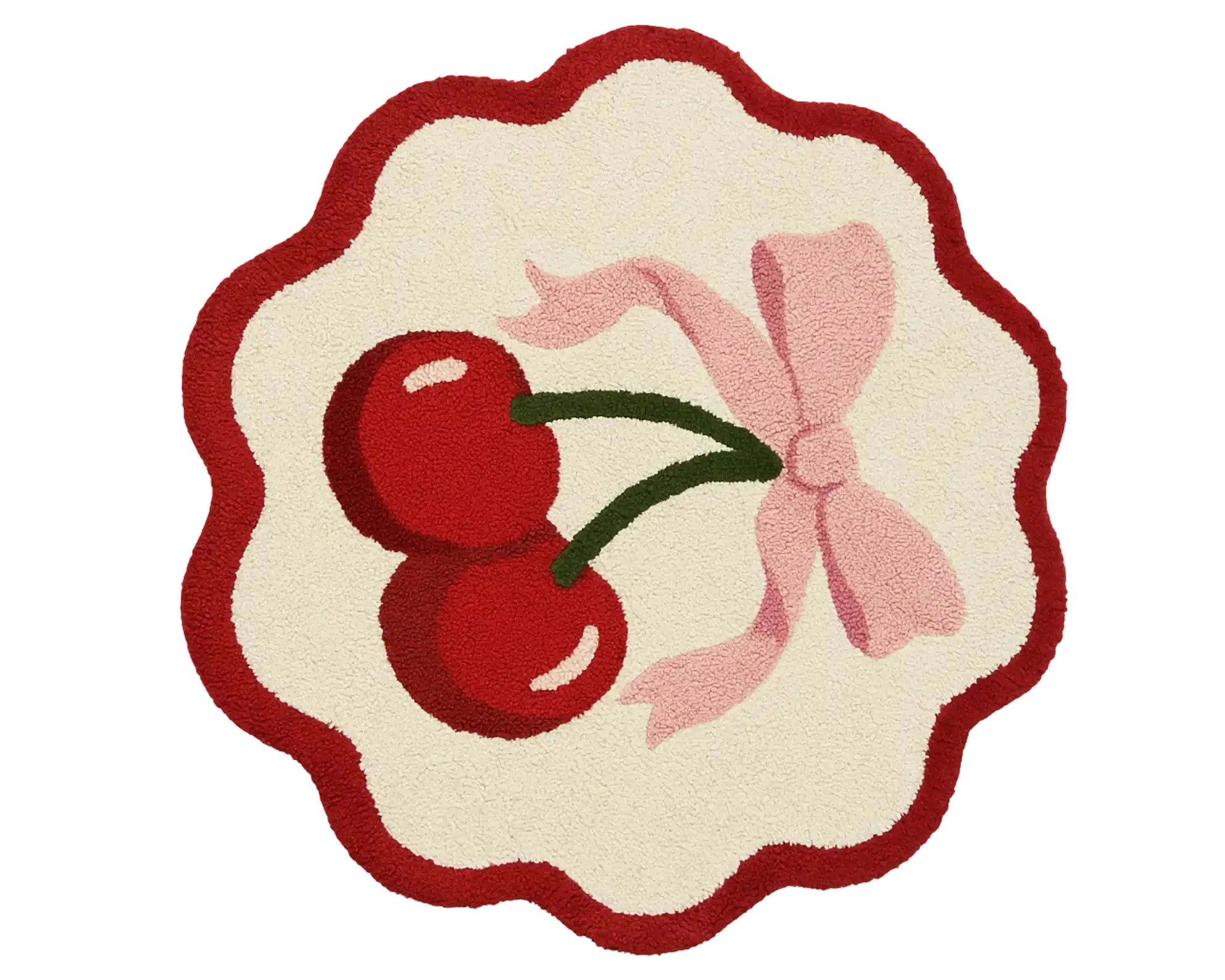 Luxury round cherry rug featuring twin red cherries and a pink bow.