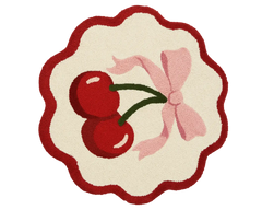 Luxury round cherry rug featuring twin red cherries and a pink bow.