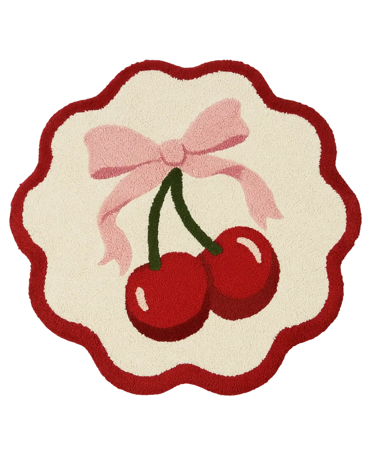Round cherry bow hand-tufted wool rug with red border and pink ribbon design.