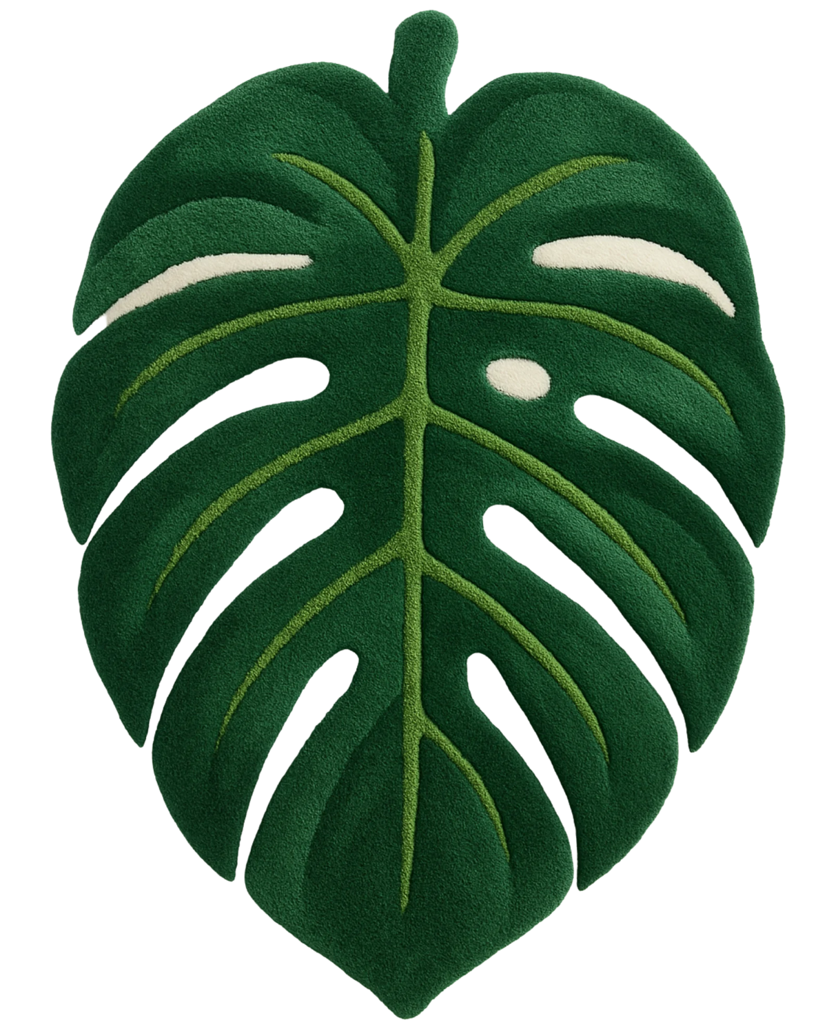 Hand-tufted tropical green monstera rug in luxury wool.