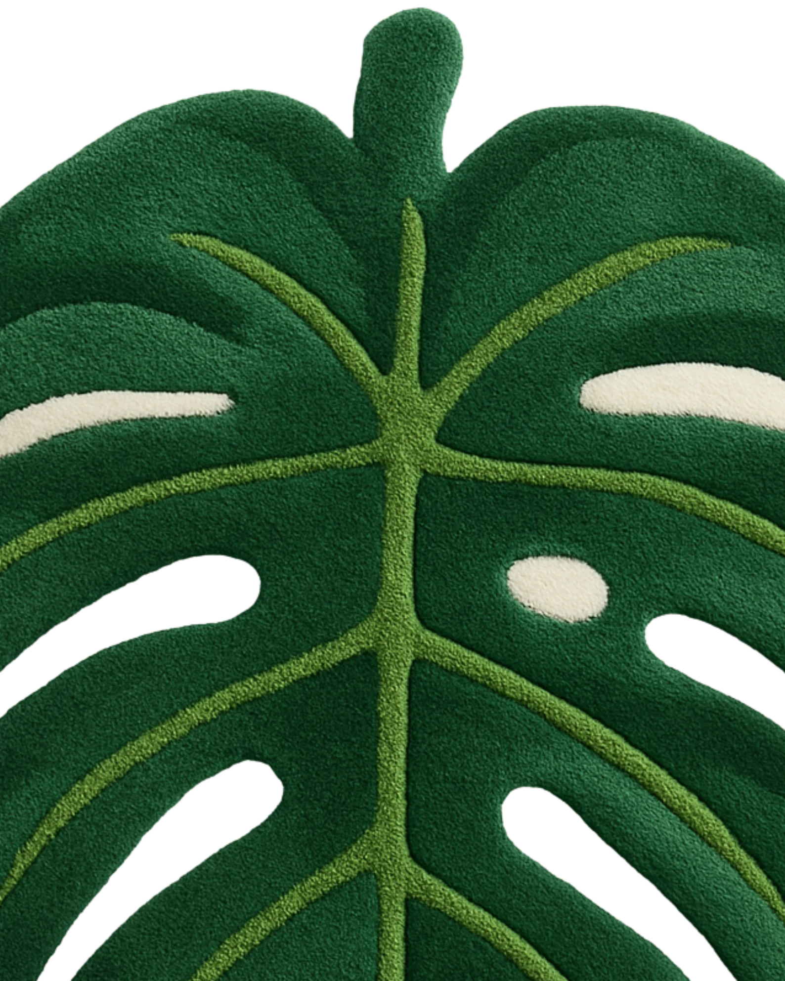 Green monstera-shaped wool rug for tropical interior décor.
