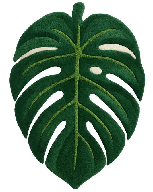 Hand-tufted tropical green monstera rug in luxury wool.