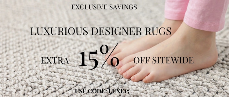 Person standing on a luxurious carpet with promotional text overlay.