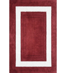 Red and white bordered hand-tufted wool rug with rectangle design
