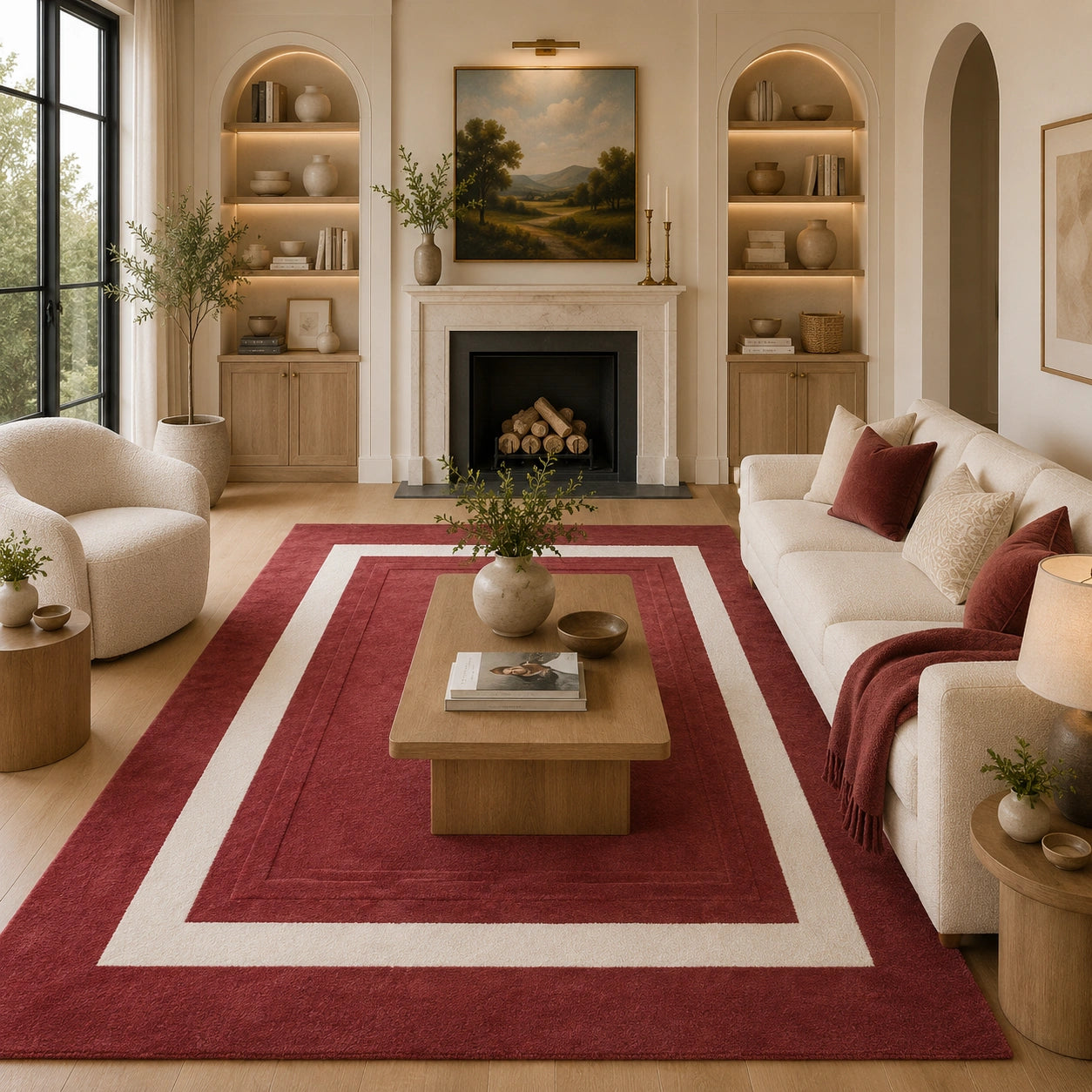 Maroon & white wool rug