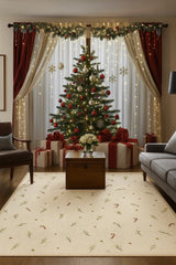 Holiday area rug with modern candy cane and mistletoe design