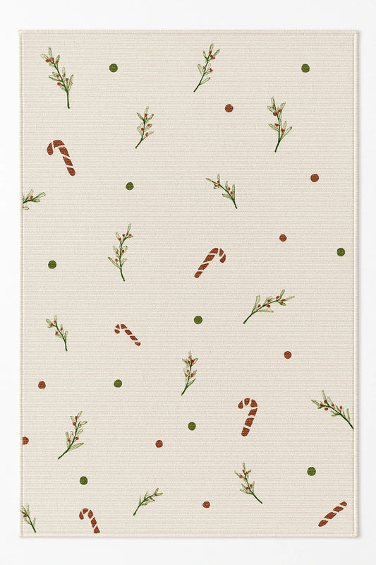 Minimalist Christmas rug with candy canes, mistletoe, and festive dots