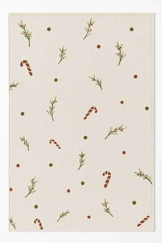 Minimalist Christmas rug with candy canes, mistletoe, and festive dots