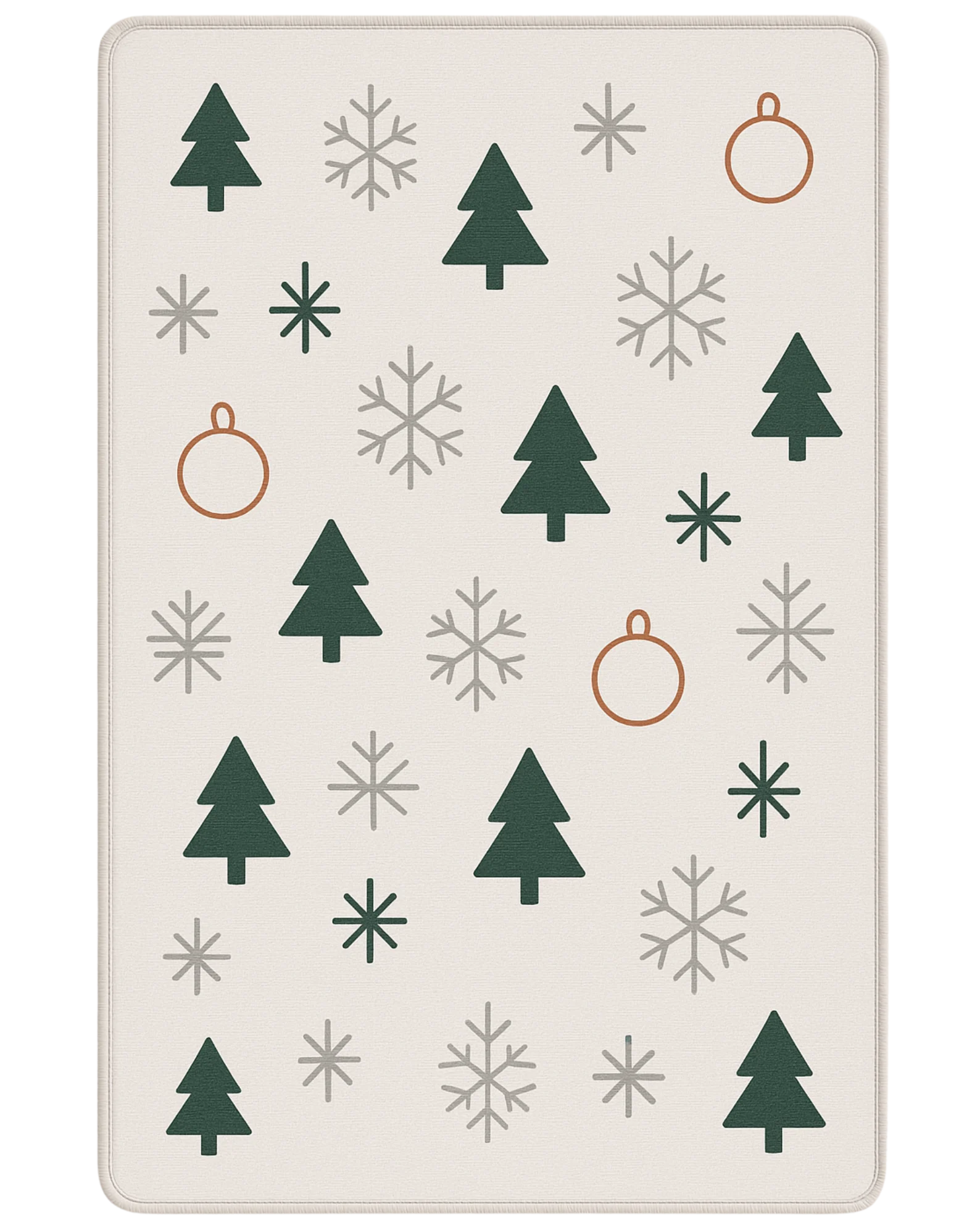 Scandinavian Christmas rug with green trees and gray snowflakes on cream background