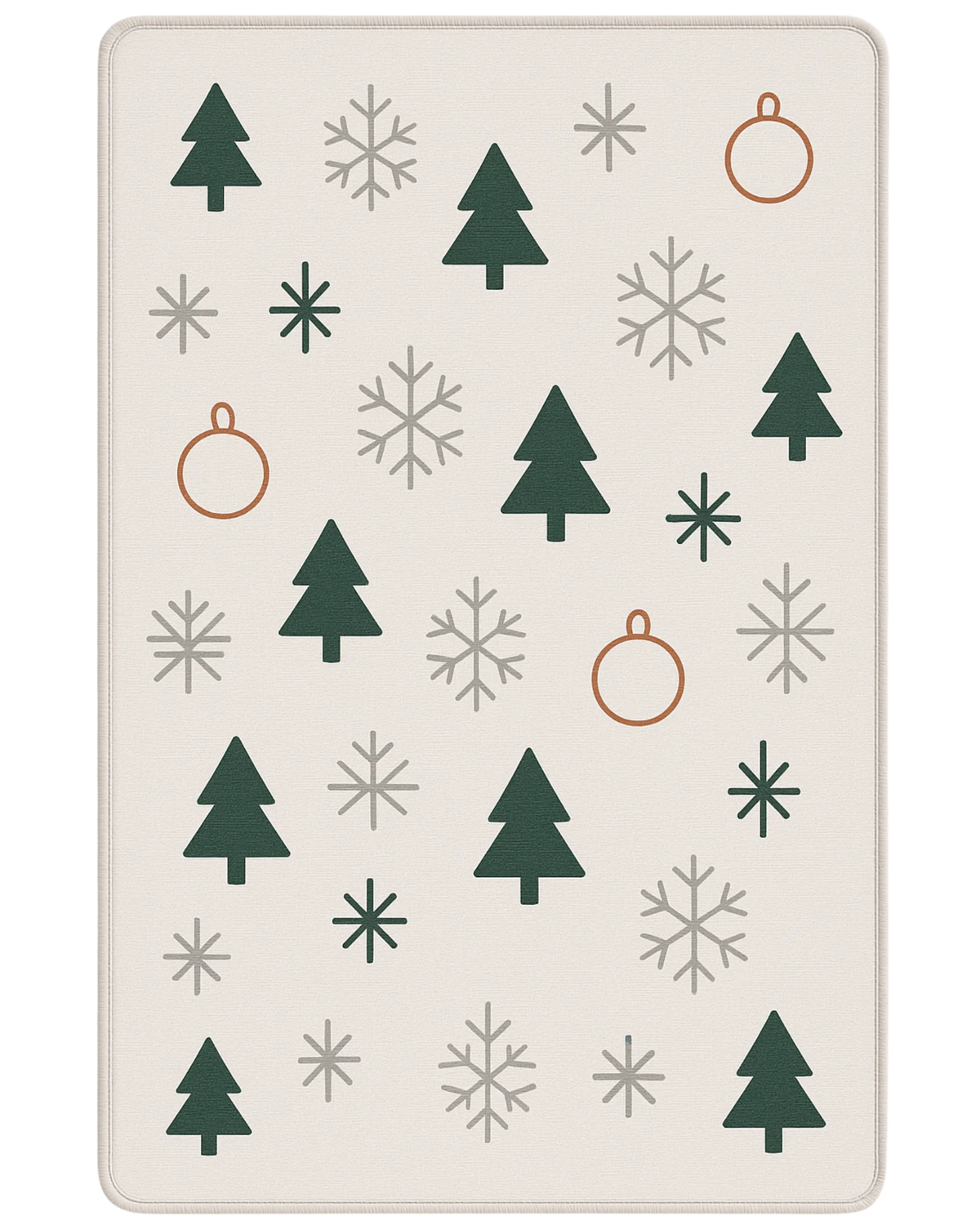 Scandinavian Christmas rug with green trees and gray snowflakes on cream background