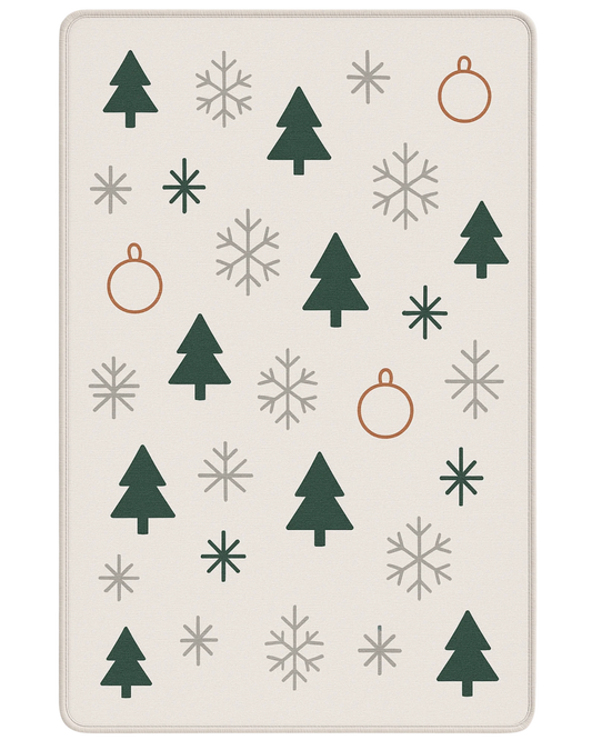 Scandinavian Christmas rug with green trees and gray snowflakes on cream background