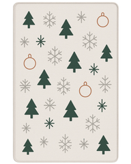 Scandinavian Christmas rug with green trees and gray snowflakes on cream background